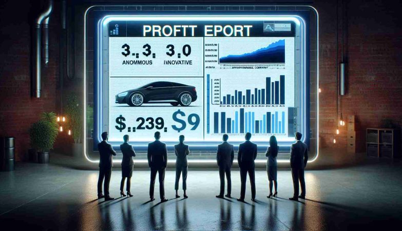 Generate a high-definition, realistic image of a profit report displayed on a sophisticated digital screen. The screen is showing the latest figures and statistics related to an anonymous innovative automobile company. Also, depict a small crowd of diverse investors around the screen, showcasing varied reactions such as surprise, dismay, satisfaction and thoughtful contemplation.