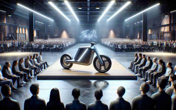 A realistic, high-definition image of a ground-breaking event where an autonomous electric bike is being unveiled. The setting is in a modern, industrial-style stage filled with eager tech enthusiasts. The bike in focus has sleek lines and futuristic design aspects, being the centerpiece of the event. It's an electric bike, self-driving, with recognizable features such as unusual wheel designs and sophisticated control panels. This is not a product by any existing company but is a new revolution in the world of autonomous vehicles and transportation. The atmosphere is electric with anticipation and excitement.