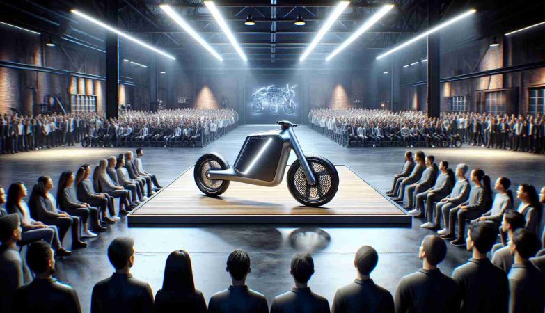 A realistic, high-definition image of a ground-breaking event where an autonomous electric bike is being unveiled. The setting is in a modern, industrial-style stage filled with eager tech enthusiasts. The bike in focus has sleek lines and futuristic design aspects, being the centerpiece of the event. It's an electric bike, self-driving, with recognizable features such as unusual wheel designs and sophisticated control panels. This is not a product by any existing company but is a new revolution in the world of autonomous vehicles and transportation. The atmosphere is electric with anticipation and excitement.