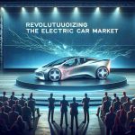 An imaginative, high-definition rendering of a revolutionary moment in the electric car market. Visualize a cutting-edge electric vehicle with innovative features standing out, possibly being revealed at a grand unveiling event. Attention to detail is needed to accentuate the technological prowess, sleek design and futuristic aspects of the automotive. Include the excited audience witnessing this groundbreaking moment. A banner that says 'Revolutionizing the Electric Car Market' is displayed prominently in the background. Note, the specific brand or manufacturer is not to be depicted or mentioned.