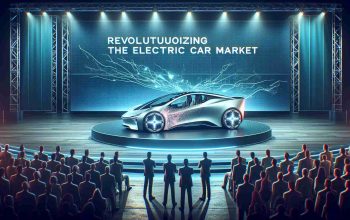 An imaginative, high-definition rendering of a revolutionary moment in the electric car market. Visualize a cutting-edge electric vehicle with innovative features standing out, possibly being revealed at a grand unveiling event. Attention to detail is needed to accentuate the technological prowess, sleek design and futuristic aspects of the automotive. Include the excited audience witnessing this groundbreaking moment. A banner that says 'Revolutionizing the Electric Car Market' is displayed prominently in the background. Note, the specific brand or manufacturer is not to be depicted or mentioned.