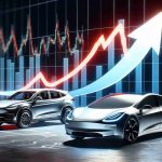 A high-definition, realistic depiction that represents the rapid growth of the electric vehicle market challenging the dominance of a prominent electric car company. The image includes a graph showing the rising stock and sales figures of other electric vehicle manufacturers, as well as a symbolic representation of their emerging power and influence, such as a bold newcomer car standing opposite to an iconic but now less distinct electric car.