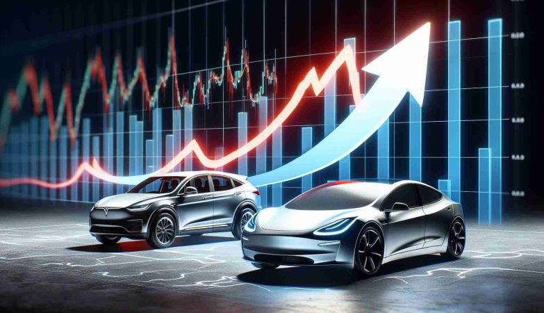 A high-definition, realistic depiction that represents the rapid growth of the electric vehicle market challenging the dominance of a prominent electric car company. The image includes a graph showing the rising stock and sales figures of other electric vehicle manufacturers, as well as a symbolic representation of their emerging power and influence, such as a bold newcomer car standing opposite to an iconic but now less distinct electric car.