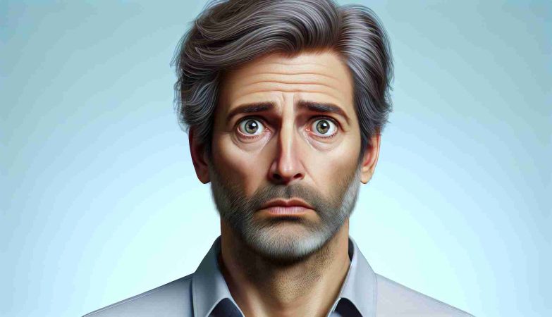 Generate a realistic image of a well-known tech entrepreneur facing allegations of intellectual property theft, with an expression of surprise and shock. This individual should be middle-aged, with slightly greying hair, and wearing a casual business attire.