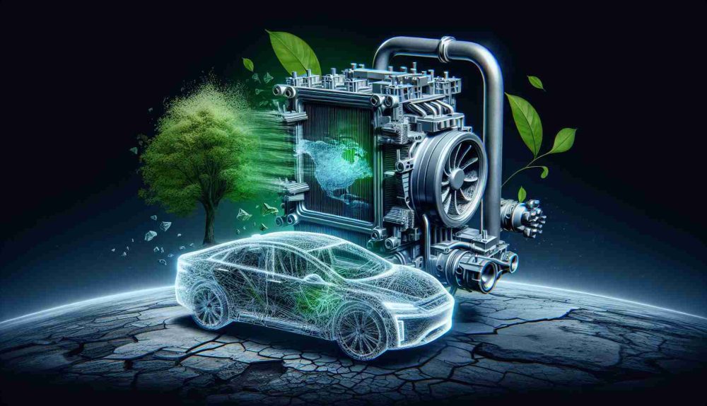 A high-definition, realistic image of an innovative cooling system designed by a prominent electric vehicle manufacturer, sparking environmental concerns. The cooling system should be intricately designed, displaying high-end technology. Furthermore, illustrate some visual elements suggesting environmental concerns, like a faded green leaf or a dying tree in the background, symbolizing its potential harm to nature.