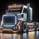 A high-definition realistic image showcasing a futuristic vehicle resembling a truck with an angular design, bright LED bar headlights, and constructed with innovative technology. The design of the vehicle is meant to symbolize cutting-edge advancements and is portrayed in a setting that highlights its robust and modern nature.