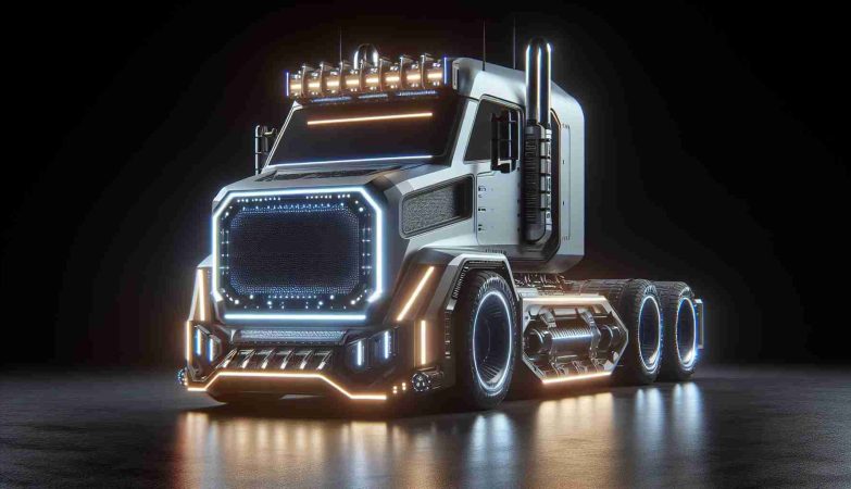 A high-definition realistic image showcasing a futuristic vehicle resembling a truck with an angular design, bright LED bar headlights, and constructed with innovative technology. The design of the vehicle is meant to symbolize cutting-edge advancements and is portrayed in a setting that highlights its robust and modern nature.