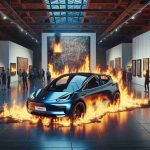 High-definition, realistic image of a generic electric car engulfed in flames at an art exhibition. The setting includes a spacious hall with various abstract art pieces displayed on the walls. The electric vehicle is styled in a modern design, sleek and painted in a deep blue shade. Flames spark from beneath the car, casting an ominous glow around the vicinity. A crowd of people, exhibiting a range of emotions from shock to concern, keep their distance, observing the fiery spectacle with apprehension.