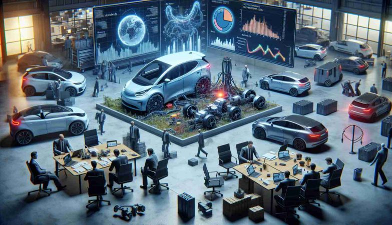 A hyperrealistic, high-definition image depicting the ongoing struggles of an electric vehicle company in Sweden, focusing not on any personal aspect or individual, but rather illustrating corporate challenges, market issues and other broader factors beyond the control of a single figure. Include elements like unsold vehicles, maybe offices with workers engaged in problem-solving discussions, and graphs showing difficult market conditions.