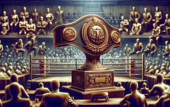 An intricately detailed, high-definition image of a highly prestigious boxing award. The award appears majestic, a symbol of hard-earned recognition. It's the focus of controversy, perhaps due to the fairness of its nomination process or the criteria for determining the winner. The award could be a gleaming gold trophy or a shining silver belt, emblematic of strength, resilience, and mastery. The background suggests a boxing ring, with ropes, a stool, and gloves evident. Visible in the scene are hushed spectators, a diverse mix of individuals, both male and female, focused on the award. Background discussion and intrigue are suggested through their body language and expressions.