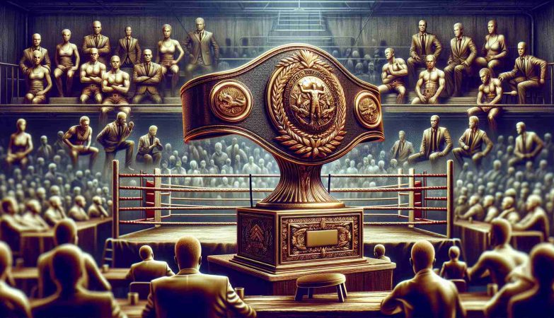 An intricately detailed, high-definition image of a highly prestigious boxing award. The award appears majestic, a symbol of hard-earned recognition. It's the focus of controversy, perhaps due to the fairness of its nomination process or the criteria for determining the winner. The award could be a gleaming gold trophy or a shining silver belt, emblematic of strength, resilience, and mastery. The background suggests a boxing ring, with ropes, a stool, and gloves evident. Visible in the scene are hushed spectators, a diverse mix of individuals, both male and female, focused on the award. Background discussion and intrigue are suggested through their body language and expressions.