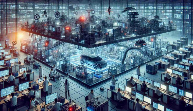 A high-definition digital image depicting the technology infrastructure of a fictional company called 'ServoPower Systems Labs'. The infrastructure is pushing the boundaries of electric vehicle technology in a major South Asian country. The image should portray a bustling laboratory or workspace, filled with engineers and technicians of diverse genders and descents, all busy at work developing futuristic EV technology solutions.