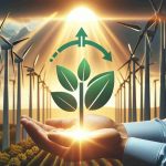 High-definition, realistic image of a fictional renewable energy company experiencing positive growth. The company logo is a stylized cap of green leaves, symbolizing its commitment to sustainability. The background consists of an array of wind turbines amidst a radiant sun setting, hallmark of the company's dedication to harnessing wind power. The overall tone of the image conveys a sense of optimism and progress.