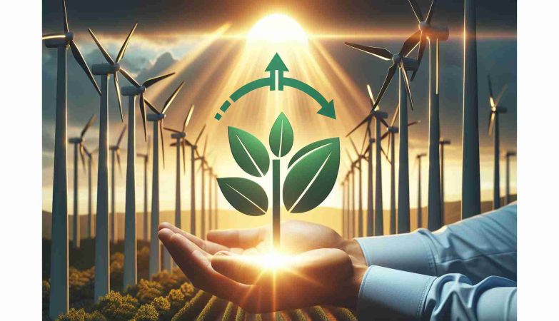 High-definition, realistic image of a fictional renewable energy company experiencing positive growth. The company logo is a stylized cap of green leaves, symbolizing its commitment to sustainability. The background consists of an array of wind turbines amidst a radiant sun setting, hallmark of the company's dedication to harnessing wind power. The overall tone of the image conveys a sense of optimism and progress.