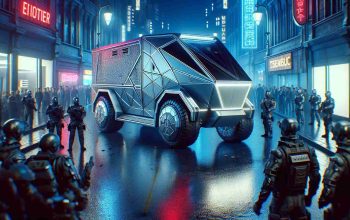 Create an image depicting a heroic act of justice: A futuristic, silver-toned armoured vehicle, having a geometrical design with a robust stainless steel body resembling a Tesla Cybertruck, intervenes to thwart a criminal act in vivid high-definition realism. The scene is set in a bustling city street, as night falls. Bright blue neon lights are reflected on the wet asphalt, giving it an ethereal glow. A crowd of people of various descents and genders watch in awe as the vehicle bravely obstructs the robbers.