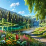 Realistic, high-definition photo of a picturesque and tranquil summer landscape, featuring a lush green forest under clear, bright blue skies, a crystal clear lake reflecting the colors of the surrounding environment, and a variety of vibrantly colored wildflowers blooming along a winding footpath that gently leads the viewer's gaze deeper into the scene.