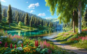 Realistic, high-definition photo of a picturesque and tranquil summer landscape, featuring a lush green forest under clear, bright blue skies, a crystal clear lake reflecting the colors of the surrounding environment, and a variety of vibrantly colored wildflowers blooming along a winding footpath that gently leads the viewer's gaze deeper into the scene.