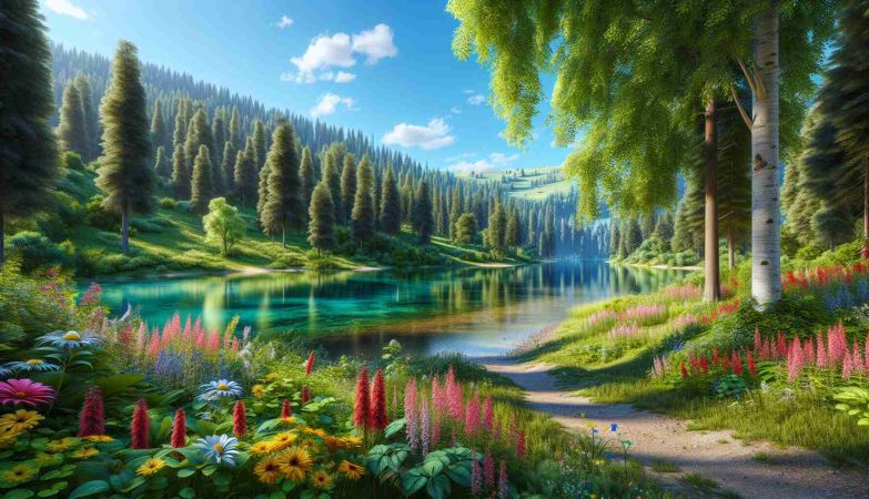 Realistic, high-definition photo of a picturesque and tranquil summer landscape, featuring a lush green forest under clear, bright blue skies, a crystal clear lake reflecting the colors of the surrounding environment, and a variety of vibrantly colored wildflowers blooming along a winding footpath that gently leads the viewer's gaze deeper into the scene.