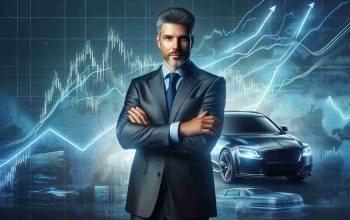 A realistic high-definition representation of a successful entrepreneur standing amidst rising stock market graphs, symbolic of a successful tech-based automobile company. The entrepreneur is a Caucasian male, medium build, with short grey hair, wearing a business suit.