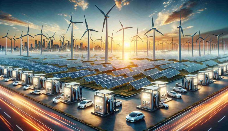 Generate a realistic HD image representing the future of clean energy innovations. The scene can include a variety of advanced technology elements such as large, futuristic solar panels arranged across spacious fields under a blue sky, wind turbines standing tall in an open sea, and electric vehicles charging at stations. These stations are powered by energy derived from renewable sources in a bustling cityscape backdrop. The scene is filled with optimism, symbolized by warm sunrise colors and represents mankind's successful efforts towards combating climate change.