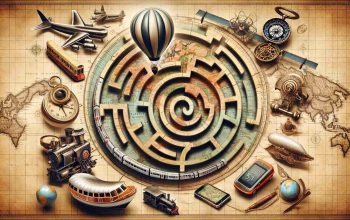 Create a high-definition, realistic image that symbolises the concept of 'Revolutionizing Navigation: A Fun Twist on Travel'. This could be a traditionally done world map turning into a labyrinth or a maze, symbolising the fun twist. It might also include old-fashioned navigation tools like a compass and an astrolabe evolving into modern gear like a GPS device and digital maps. Additionally, transport modes can range from a hot-air balloon to a high-speed train, showing the evolution of travel.