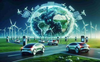 Create a realistic, HD image depicting the global ambitions of a prominent electric car company. Show a world map with charging stations scattered all around, futuristic looking electric vehicles moving along highways, with a backdrop of a clean, green planet with wind turbines and solar panels suggesting a world powered by renewable energy.