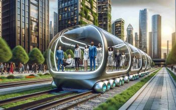 Realistic high-definition illustration of an advanced urban transportation scenario. Picture the advent of autonomous city pods, with a diverse array of commuters utilizing the high-tech vehicles. These are not like typical cars - they're small, compact and intelligently guided. The surroundings are future-inspired, featuring ample green spaces amid skyscrapers. Various individuals of different genders and descents can be seen interacting with these pods amidst the hustle and bustle of the urban landscape. The occupants inside the pods, seen through transparent windows, include a Caucasian woman, a Black man, a Middle-Eastern woman, and a South Asian man.