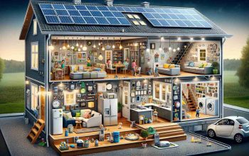 A highly detailed and realistic photo showing multiple methods for conserving energy and saving money in a domestic setting. It includes features such as LED bulbs, solar panels on the roof, a programmable thermostat, and weather-stripping on windows and doors. It also needs to depict energy-efficient appliances like refrigerators and washing machines, and water conservation methods like low-flow showerheads and dual-flush toilets. The house is well insulated from the roofs to the walls, and the home is styled in a modern aesthetic with a diverse family practicing energy saving habits.