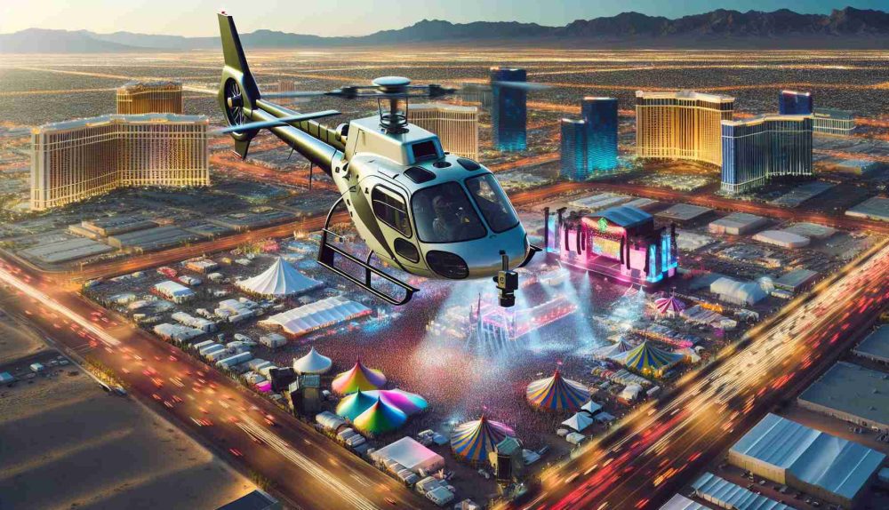 An accurate, high-definition image portraying a helicopter survey taking place ahead of a festival in Las Vegas. The helicopter is equipped with mapping equipment, hovering above the lively city. The festival grounds are buzzing with preparation, numerous colorful tents and stages can be spotted. The cityscape of Las Vegas with its vibrant, illuminated buildings forms the backdrop.