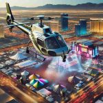 An accurate, high-definition image portraying a helicopter survey taking place ahead of a festival in Las Vegas. The helicopter is equipped with mapping equipment, hovering above the lively city. The festival grounds are buzzing with preparation, numerous colorful tents and stages can be spotted. The cityscape of Las Vegas with its vibrant, illuminated buildings forms the backdrop.