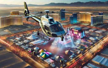 An accurate, high-definition image portraying a helicopter survey taking place ahead of a festival in Las Vegas. The helicopter is equipped with mapping equipment, hovering above the lively city. The festival grounds are buzzing with preparation, numerous colorful tents and stages can be spotted. The cityscape of Las Vegas with its vibrant, illuminated buildings forms the backdrop.