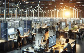 High-quality, realistic image of a renewable energy innovation hub expanding its operations. The scene showcases multiple working stations, each filled with detailed models of wind turbines, solar panels, and other innovative technologies. Workers are busily engaging with these models - a South Asian female is observing a solar panel closely, a Hispanic male is examining a wind turbine blueprint, and a Black female is analyzing data on a computer monitor. The area is bathed in the soft glow of energy-efficient lighting, highlighting the creative atmosphere of this bustling, progressive workspace.