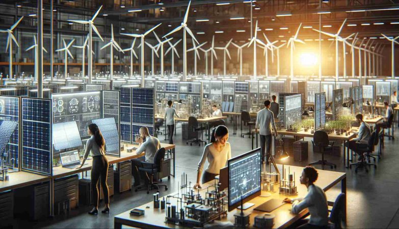 High-quality, realistic image of a renewable energy innovation hub expanding its operations. The scene showcases multiple working stations, each filled with detailed models of wind turbines, solar panels, and other innovative technologies. Workers are busily engaging with these models - a South Asian female is observing a solar panel closely, a Hispanic male is examining a wind turbine blueprint, and a Black female is analyzing data on a computer monitor. The area is bathed in the soft glow of energy-efficient lighting, highlighting the creative atmosphere of this bustling, progressive workspace.