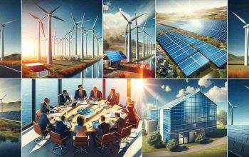 High definition, realistic image illustrating the concept of Regional Councils in New South Wales embracing sustainable energy solutions. Show a collage of different settings such as wind farms with towering turbines painted against a blue sky, a modern solar panel facility soaking up the sun's rays, and a council meeting where ethnically diverse male and female representatives discuss renewable energy strategies over a round table with documents, tablets, and plans spread across it.