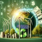 Realistic high-definition image of an abstract representation of a green energy company set to raise $2 billion through global bonds and loans. Illustrate this metaphorically with symbols of renewable energy, such as wind turbines and solar panels, alongside symbols representing global bonds and loans, like currencies and financial documents.