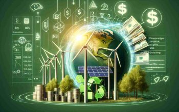 Realistic high-definition image of an abstract representation of a green energy company set to raise $2 billion through global bonds and loans. Illustrate this metaphorically with symbols of renewable energy, such as wind turbines and solar panels, alongside symbols representing global bonds and loans, like currencies and financial documents.