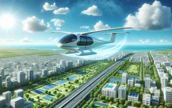 Visualize a High Definition picture depicting an eco-friendly air taxi soaring in a cerulean blue sky with fluffy white clouds. The futuristic vehicle exhibits clean and advanced technology; it's sleek, contemporary, and optimized for efficient energy use. Below, there's a thriving green city marked by parks, trees, and solar-powered buildings, a vision of a sustainable future. The taxi streams a subtle trail of air turbulence, indicating its progress across the busy skyline. This is a representation of the rising trend of eco-conscious air taxis offering a glimpse into the future of urban mobility.