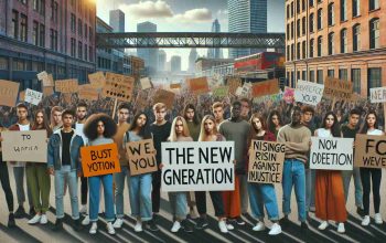 Create a realistic, high-definition image representing the new generation rising against injustice. Depict a diverse group of young people from different descents, such as Caucasian, Asian, African, Middle-Eastern, and Hispanic. These individuals are peacefully protesting with signs and banners displaying powerful, non-offensive messages of equality and justice. An urban setting in the background, with vivid colors contrasting against the dull concrete of the city, enhances the spirit of their movement.