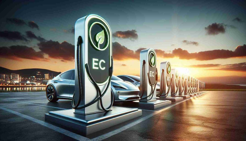 A high-definition image showcasing an award-winning electric vehicle charging company, noticeable by its surge of progress. The image presents the company's charging stations arrayed in a row, with sleek, modern design aesthetics. The brand insignia is visible, showcasing an eco-friendly symbol associated with electric cars. The sunset in the backdrop illuminates the location, creating an impressive visual detail of groundbreaking technology set against the backdrop of nature.