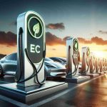 A high-definition image showcasing an award-winning electric vehicle charging company, noticeable by its surge of progress. The image presents the company's charging stations arrayed in a row, with sleek, modern design aesthetics. The brand insignia is visible, showcasing an eco-friendly symbol associated with electric cars. The sunset in the backdrop illuminates the location, creating an impressive visual detail of groundbreaking technology set against the backdrop of nature.