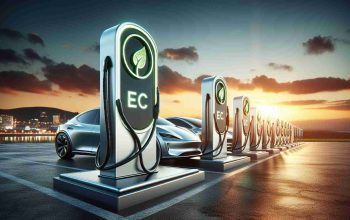 A high-definition image showcasing an award-winning electric vehicle charging company, noticeable by its surge of progress. The image presents the company's charging stations arrayed in a row, with sleek, modern design aesthetics. The brand insignia is visible, showcasing an eco-friendly symbol associated with electric cars. The sunset in the backdrop illuminates the location, creating an impressive visual detail of groundbreaking technology set against the backdrop of nature.