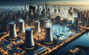 A high-definition, realistic image that depicts the expansion of nuclear power to meet the increasing demand from the tech industry. The scene could display a multitude of new nuclear reactors being constructed near a bustling city filled with high-rise buildings, symbolizing the tech industry. This image would also highlight busy workers, construction cranes, and a skyline filled with the glow of progress. The portrayal of clean, accessible energy in the form of nuclear power in the vicinity of a dynamic urban setting represents the convergence of technology and energy industries.