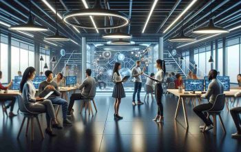 A realistic, high-resolution image showing the interior of an innovative tech company. The scene depicts lively, diverse and dynamic scenarios representing exciting opportunities: A young Asian woman giving a presentation on a state-of-the-art technology, a Caucasian man collaborating with a Middle Eastern woman on a cutting-edge project using futuristic tech equpiments, and a Black man and a South Asian woman engaged in a creative brainstorming session under lamplights. The environment is bright and ergonomic, embedded with the futuristic tech, creating an atmosphere of inspiration, creativity and opportunity.