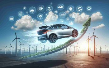 Realistic high-definition image of an electric vehicle soaring into the sky, metaphorically representing a spike in popularity and market share. The sky backdrop is filled with icons representing new energy policies such as windmills, eco industry, and green leaves symbolizing eco-friendliness. This visual metaphor is used to depict the impact of new energy policies on the electric vehicle market.