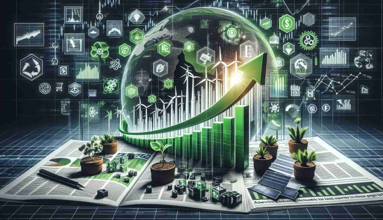 A high-definition, realistic image showing the concept of a surge in renewable energy stocks following positive analyst reviews. The image may include various elements to portray this, such as a series of upward-trending charts and graphs with green color symbolism to represent renewable energy. You may also include icons related to wind turbines, solar panels, and hydroelectric power to represent different types of renewable energy. A newspaper or digital screen can be included displaying headlines about positive analyst reviews, enhancing the storyline of the image.