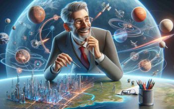 High-resolution realistic image of a playful business tycoon, with a slim physique and graying hair, ambitiously visualizing plans to expand human ventures beyond Earth, surrounded by futuristic concepts of space exploration and colonization