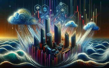 An illustrative, high-definition image displaying the concept of 'The Rise of Tech Titans in Financial Volatility'. This representation will be non-literal, showing abstracted renditions of various technology symbols such as circuit boards, cloud services, and AI systems. These 'Tech Titans' are represented by towering structures rising amidst a stormy financial sea. The sea is tumultuous, symbolizing the volatility of the financial market with waves that resemble stock market graphs. The colors should be intense, with strong contrasts to signify the dynamism and uncertainty of the financial markets and the tech sector's audacious rise.