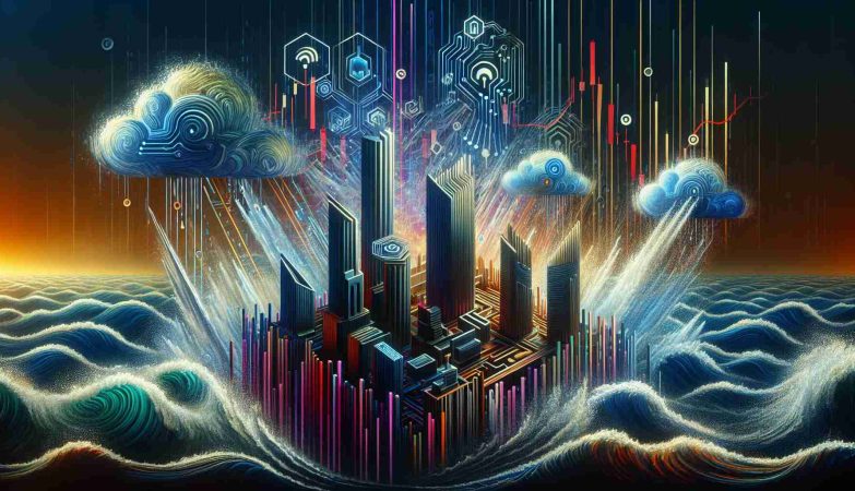 An illustrative, high-definition image displaying the concept of 'The Rise of Tech Titans in Financial Volatility'. This representation will be non-literal, showing abstracted renditions of various technology symbols such as circuit boards, cloud services, and AI systems. These 'Tech Titans' are represented by towering structures rising amidst a stormy financial sea. The sea is tumultuous, symbolizing the volatility of the financial market with waves that resemble stock market graphs. The colors should be intense, with strong contrasts to signify the dynamism and uncertainty of the financial markets and the tech sector's audacious rise.