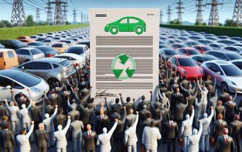 Highly detailed, realistic image demonstrating an abstract concept: proposed legislation aimed at boosting the adoption of electric vehicles, symbolized by a document stamped with a clean energy symbol, set against a backdrop of electric cars. The opposition is represented by a group of disgruntled people from different descents such as Caucasian, Black, Middle-Eastern and South Asian. This image should be of high-definition quality.