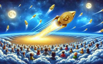 Create a detailed high definition image that represents the concept of Bitcoin value skyrocketing. Show this through a metaphor such as a golden Bitcoin symbol attached to a powerful rocket soaring high into a vast, clear blue sky filled with fluffy white clouds. Also, depict a diverse set of investors represented as tiny human figures at the bottom, showing a mixture of races such as Caucasian, Black, Hispanic, Middle-Eastern, and South Asian. These figures should be eagerly watching the skyrocketing Bitcoin, suggesting their keenness and acceptance of digital currency.